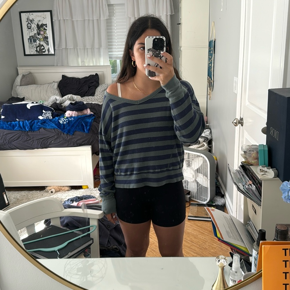 Aerie Offline Green and Blue Striped off the Shoulder